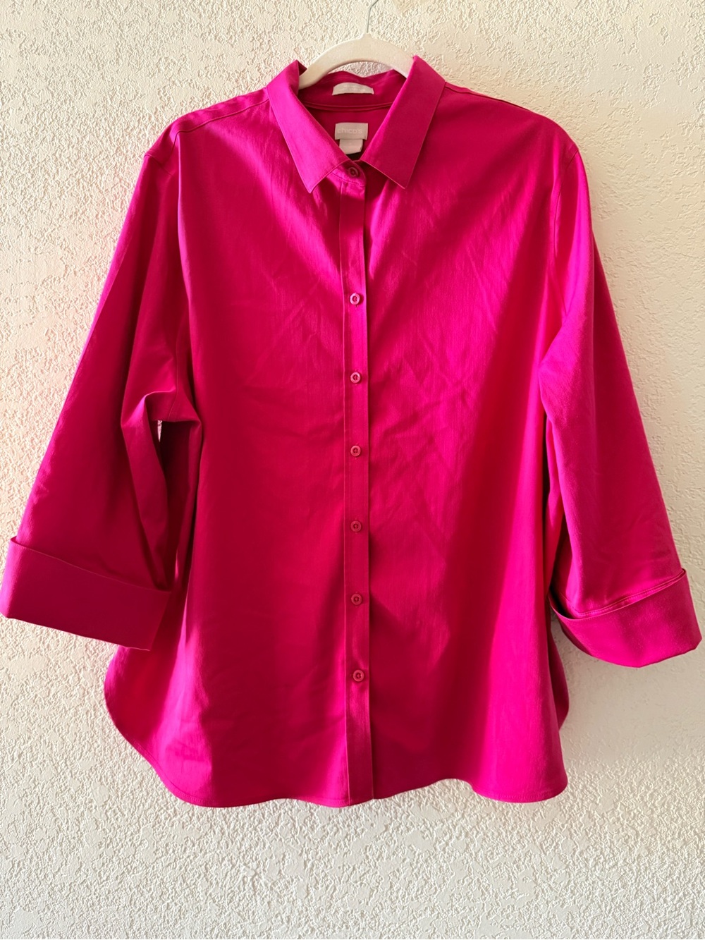 CHICO'S No Iron Chic Stretch Fuchsia Collared Button Down Blouse Womens Sz 4(20)